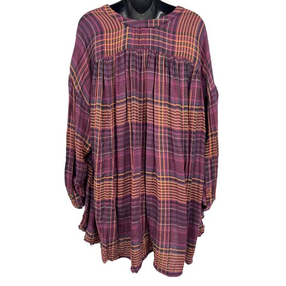 Free People Wine Plaid Button-Down Shirt Fray Long Sleeve Large L NWT New - Picture 6 of 9